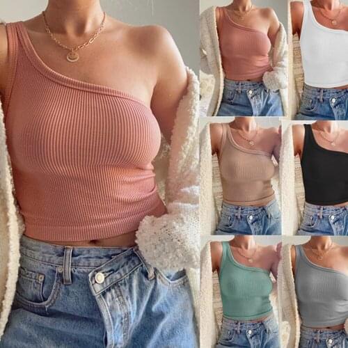 COZOK Tank Top 2021 New Summer Women Sexy One Shoulder Backless Sleeveless White Bustier Crop Top Woman Casual Basic Black Tops