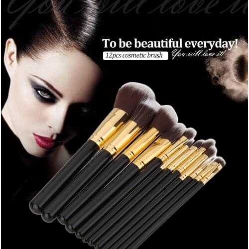 12Pcs Blending Makeup Brush Kit Professional Cosmetic Set Powder Eyeshadow Brushes Wood Handle Black