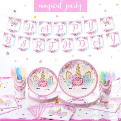 Unicorn birthday party decoration disposable plate tablecloth first birthday girl party baby shower unicorn party supplies