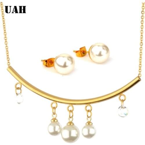UAH 2019 New Jewelry Set Round Pearl Zirconia Stainless Steel Jewelry Sets Necklace Pendant Earrings for Women