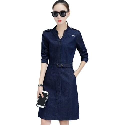 New Elegant Korean Women Autumn Dress V-neck Long sleeve Pocket Solid color Casual Large size Female Office Spring Dresses OK757