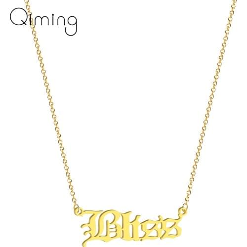 Happy Bliss Letter Words Chains Necklace Female Women Old English Font Ancient Gold Choker Necklace Bijoux Femme