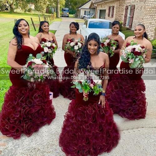 Cascading Ruffles Mermaid Bridesmaid Dresses Burgundy Velvet Organza Sweetheart African Women Long Formal Wedding Party Dress