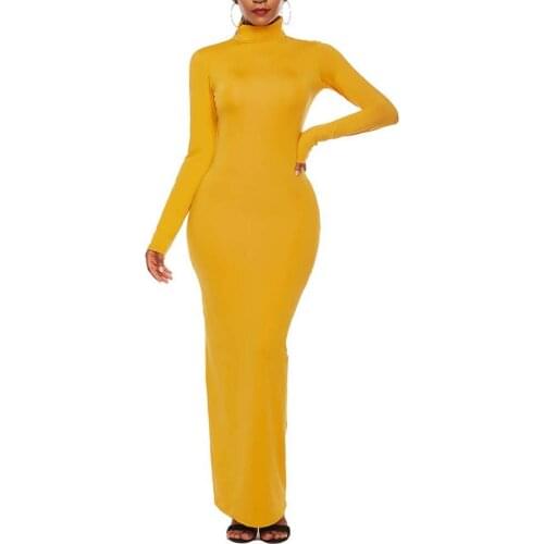 Casual Women Solid Color Long Sleeve Turtle Neck Stretchy Bodycon Long Dress Turtle Neck Stretchy Bodycon Dress Casual Women