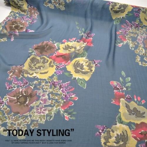 Silk Chiffon Fabric Dress Cream Yellow Flower Greyish Blue Real Dress Shirt Scarf 100% clothing Cloth DIY patchwork
