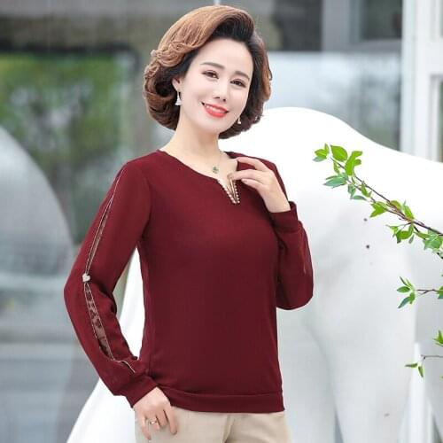 Chiffon Lace Long Sleeve Women Knitted T-shirt 2021 Spring Autumn Mother Clothing V-neck Pullover Casual Loose Bottom Shirt 5XL