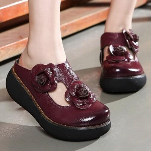 Female Summer Slippers Woman Genuine Leather Shoes Handmade Flower Slides Flip Flops Platform Clogs for Women Wedges Slippers