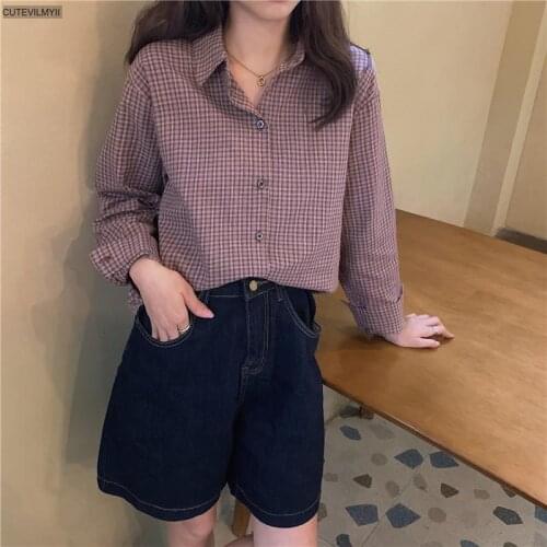 Vintage Retro Plaid single-breasted Shirt Female Tops Fall Autumn Purple Women Blouses Femme Blusas Korean Chic Fashion