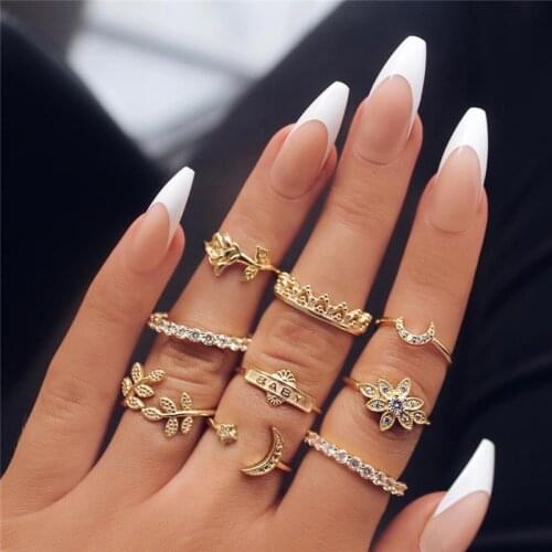 Boho Vintage Gold Star Knuckle Rings For Women Crystal Star Crescent Geometric Female Finger Rings Set Jewelry Anillos 2021