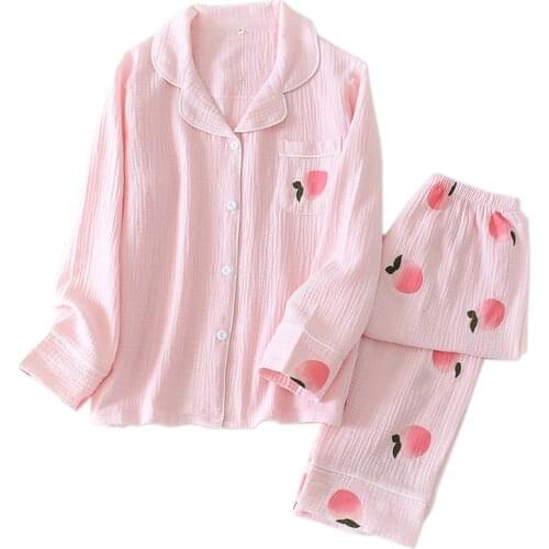 Fresh Peach sweet sleepwear women pajamas sets spring Japanese 100% cotton long-sleeved nightwear women pyjamas homewear