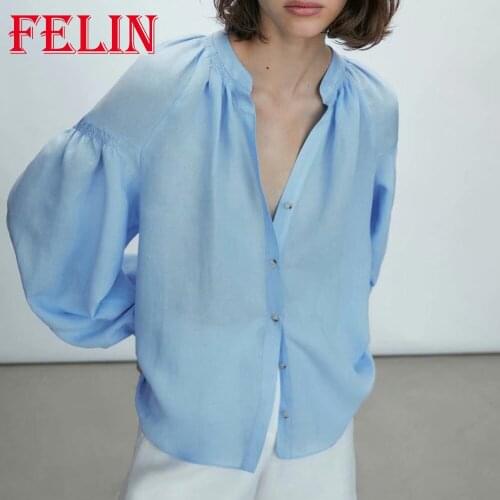 Za 2021 Office Lady Elegant Chic Blue Women Shirts Long Sleeve Singe Button Pleated Blouses Fashion Long Puff Sleeve Mujer Tops