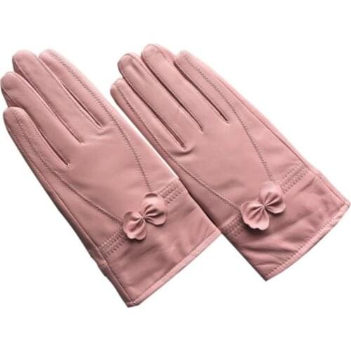 Woman autumn plus size plus velvet thicken 100% sheepskin gloves female winter warm leather Mittens lady metal Bow glove