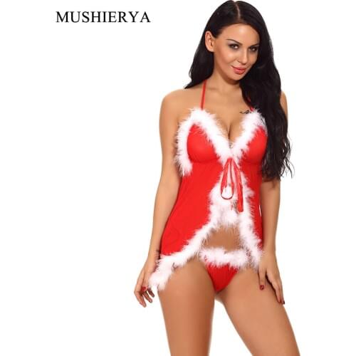 MUSHIERYA Women Santa Lingerie Plus Size Lingerie Babydoll Chemises Christmas Red Sleepwear Erotic Women Intimates Sexy Lingerie