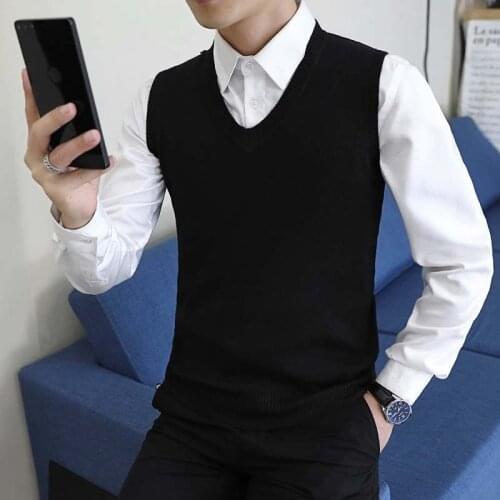 Vest mens autumn and winter sweater vest Korean V-neck slim sleeveless cantilevered mens pure cotton sweater vest