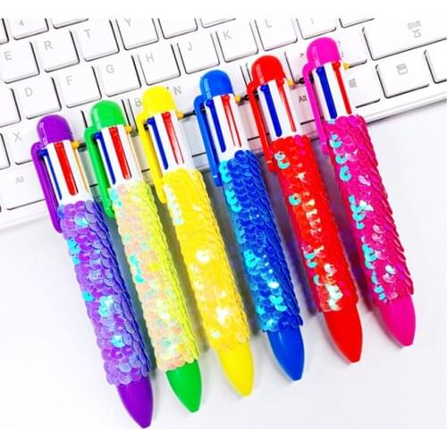 1PC Multicolor Ballpoint Pens 6 In 1 Sequin Ballpoint Pen 0.7mm Refill Retractable Ballpoint Write Press Pen School Supplies