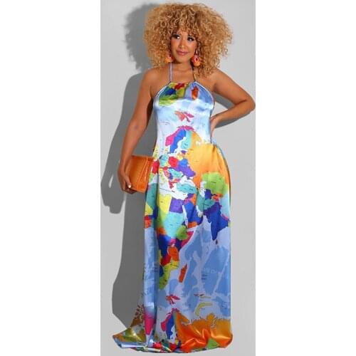 2021 High Quality New Design Dress Print Halter Strapless Backless Loose Maxi Dress Vestidos
