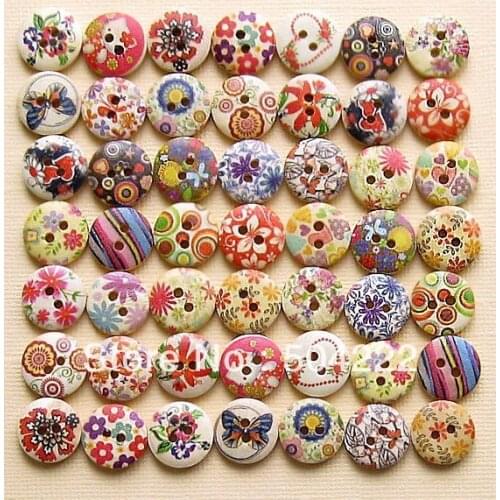 600 hand Painted Wood wooden Buttons Floral kitsch fancy Assortments 15mm 2 holes beads wholesale free shipping
