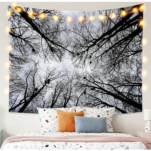 Black Sky with Forest Tapestry Vintage Exotic Summer Plant Nature Frame for Bedroom Photography Wall Decor