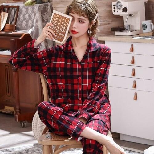 Fdfklak Pyjamas Women Soft Cotton Home Wear 2021 Autumn Winter Pijama Female Pants Suit Lapel Plaid Pajamas Set Sleepwear M-3XL