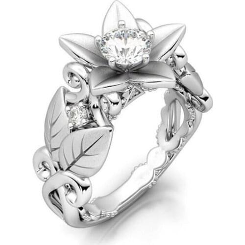 FYJS Unique Silver Plated Leaf Rose Flower with Cubic Zirconia Finger Ring for Valentines Day Jewelry