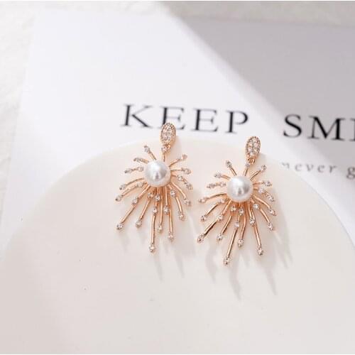 Jaeeyin 2020 Exaggerated Fireworks Dangle Elegant Stud Rose Earring Flower CZ Pearl Wedding Jewelry Gift Women Lady Girl