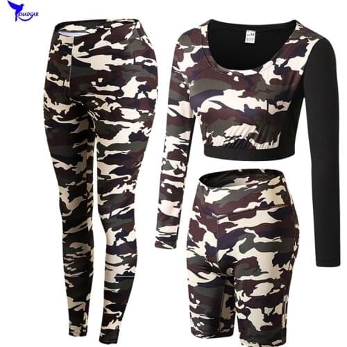 Leggings+Shorts+Long Sleeve Crop Top Women 3Pcs Yoga Set Camouflage Running Gym Tracksuit Clothing High Waist Fitness Sport Suit