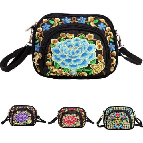 Fashion Women Ethnic Flower Embroidery Mini Canvas Crossbody Shoulder Bag Phone Holder wholesale drop shipping