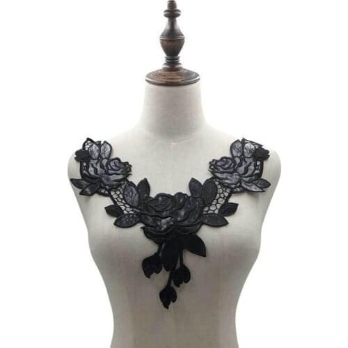 New Black PU Leather Lace Collar Appliques Rose Embroidery Sew Patch Handmade Craft Ornament Fabric Neckline Decor Applications