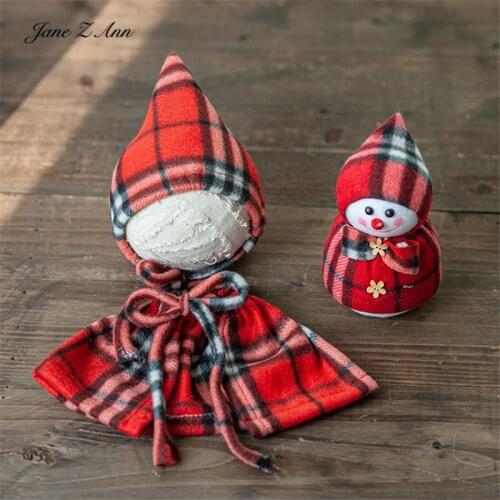 Jane Z Ann Christmas new year red plaid pointed hat xmas snowman cloak newborn/100 days baby photography props combination