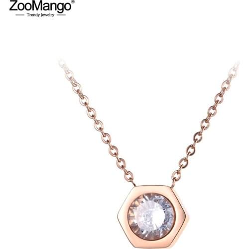 ZooMango OL Style Hexagon Geometry Pendant Necklace Stainless Steel CZ Crystal Chokers Neckalce Jewelry For Women Girls ZN19041