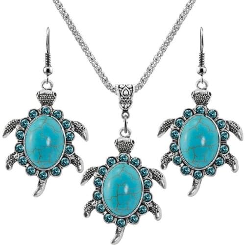 Popular Silver Plated Green Turquoises Stone Pendant Tortoise Shape Necklace Drop Earrings Animal Jewelry Sets