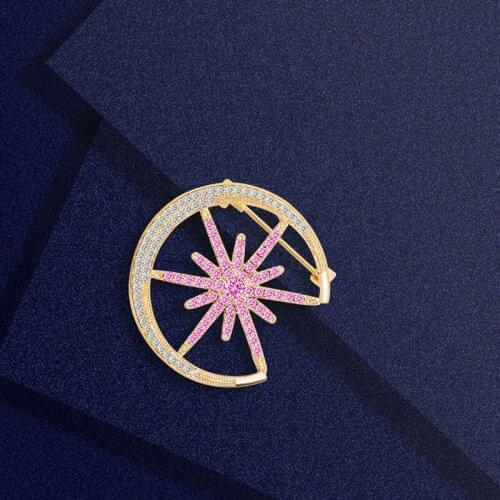 Luxury Moon Star Brooches for Women Men Gold Color Brooch Pin Elegant Pink Cubic Zirconia Female Wedding Jewelry Broche Gift