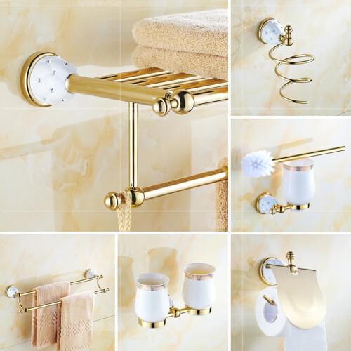 Luxury Crystal Bathroom Pendant Gold Towel Paper Holder Wall Mount Toothbrush Holder Metal Soap Dish Ceramic gold bathroom set