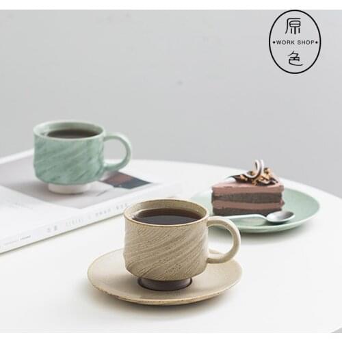 Handmade Coarse Pottery Coffee Cup with Dish Set Household Ceramic Mug Couples Cups European Style