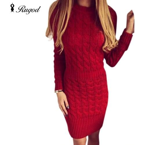 Rugod Vestidos 2020 Vintage O-Neck Long Sleeve Spring Slim Party Dresses Women Casual Knitted Warm Sweater Dress White Red Gray