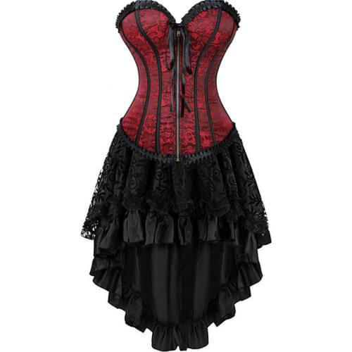 Sapubonva Corset Dress Gothic Cosplay Bustier for Women Skirt Top Set Sexy Vintage Victorian Plus Size Costume Red Korsage