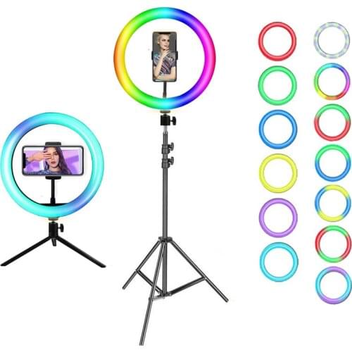 Dimmable RGB LED Selfie Ring Fill Light Photo Ring Lamp With Tripod Stand For Makeup Video Live Youtube Tik Tok