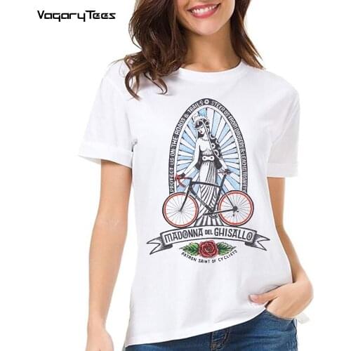 Retro Bless Bikes Madonna Del Ghisallo The Patron Saint of Cycling T-Shirt Women Short Sleeve Girl Tops Bicycle White Tees