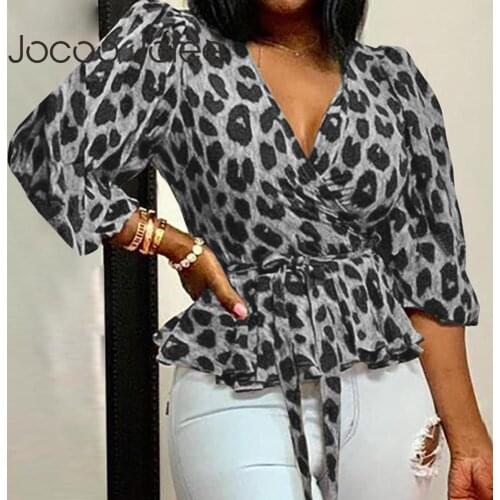 Jocoo Jolee Vintage Leopard Print Lace Up Sashes Tunic Tops Autumn Office Lady V Neck Slim Blouse Casual Shirts Office Clothing
