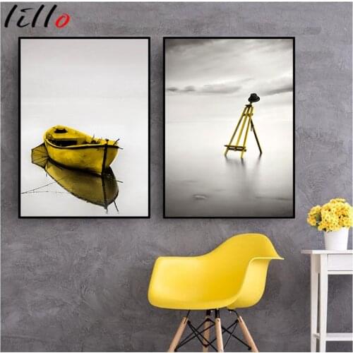 Yellow retro seaside landscape poster nordic fishing boat seascape canvas painting wall art picture for modern home interior art