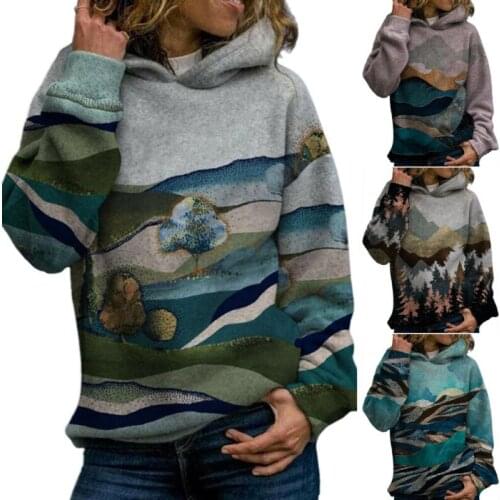 Women Long Sleeve Print Hoodie Sweatshirt Hooded Blouse Jumper Pullover Top