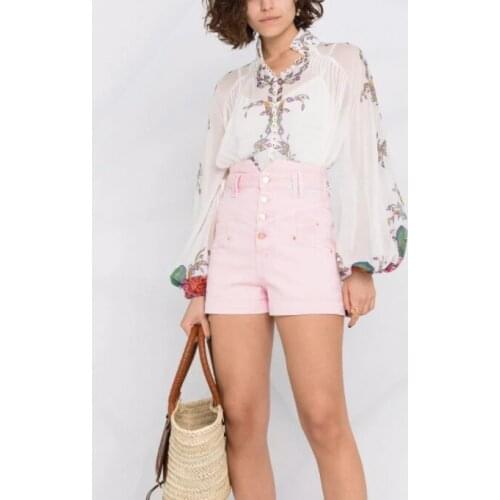 2021 Spring Summer Womens High-waist Pink Button Fly Denim Shorts Jeans Woman