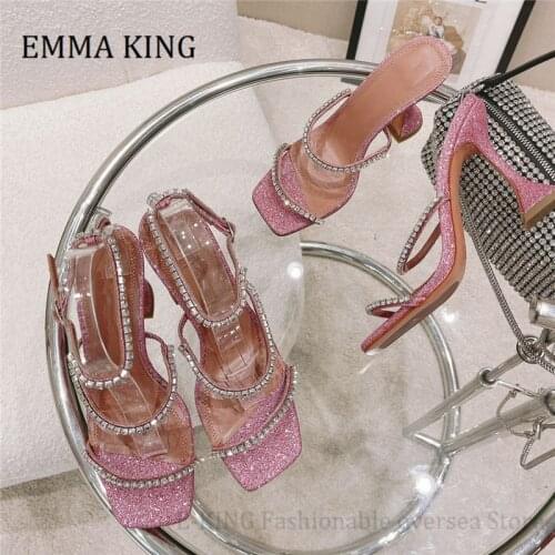 Women Crystal Sandals Elegant Bling Rhinestone Buckle Strap Gladiator Sandals Square Toe High Heels Pumps Sandalias De Mujer