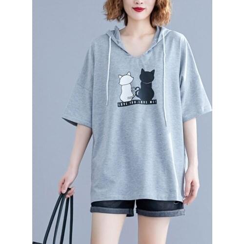 Oversized Women Loose Casual Hooded T-shirts New Arrival 2021 Summer Simple Style Cartoon Print Female Cotton Tops Tees S3721