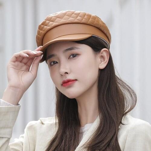 Womens Beret Octagonal Cap PU Leather Autumn and Winter Japanese Flat Top Navy Cap Breathable British Retro Newsboys Hat