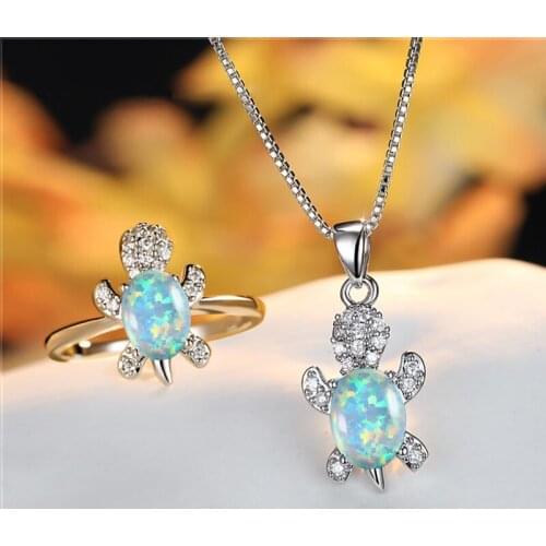 Female Luxury Bridal Jewelry Sets Multicolor Opal Rainbow Crystal Turtle Necklace Ring Dainty Silver Color Wedding Set For Women