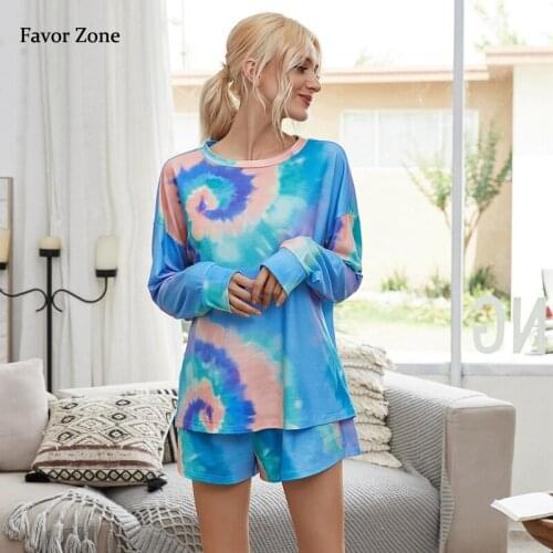 Tie Dye Print Outfits Women Suits Crew Neck Long Sleeve Tshirt Top Casual Shorts Autumn Tracksuit 2 Piece Sets Womens Clothing