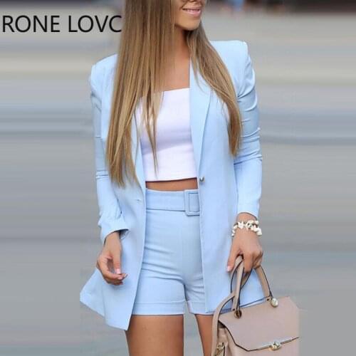 Women Solid Elegant button Long Sleeves Skinny Blue Blazer Shorts Sets