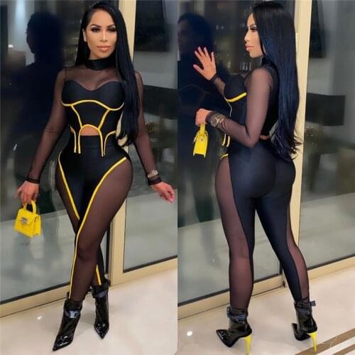 Zoctuo Sheer Mesh Skinny Two Piece Sets For Women Patchwork Long Sleeve Pants Sets Turtleneck Party Club See Through Outfits