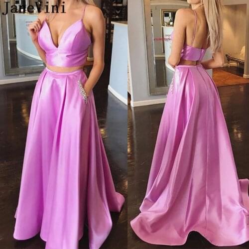 JaneVini Lilac Robe Satin Sexy Two Piece Prom Dresses with Pockets Beaded Long Girls Graduation Party Dresses Women Evening Gown